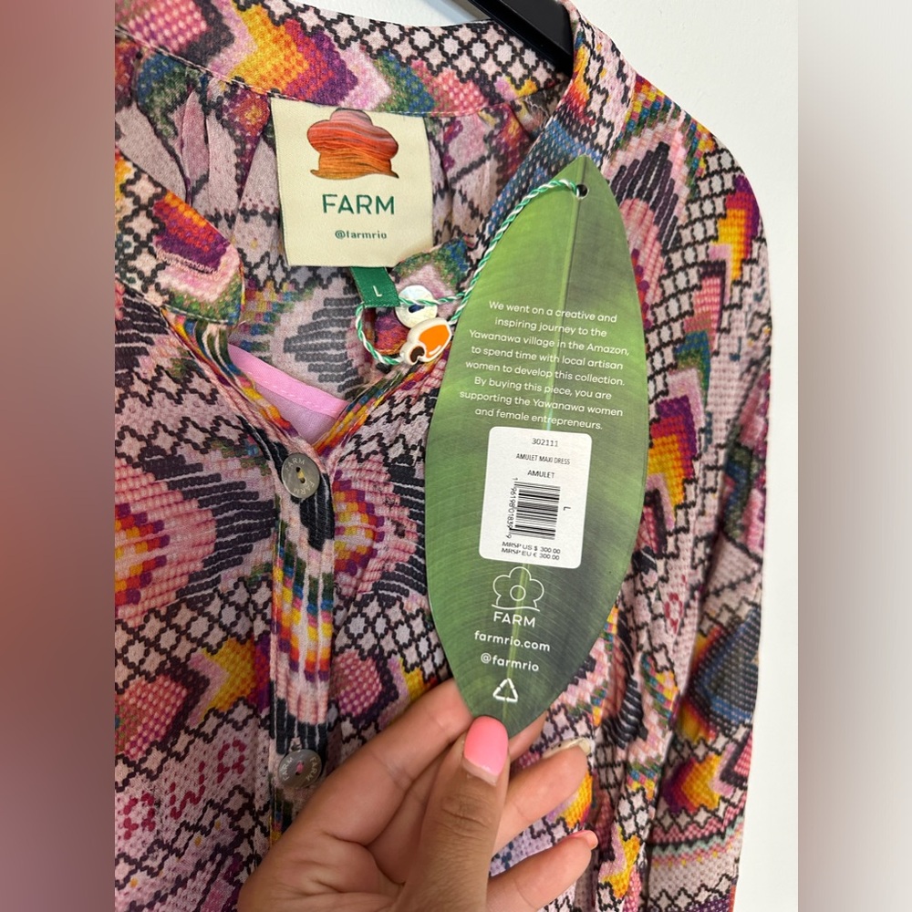 NWT Farm Rio Amulet Maxi Boho Sleeved Belted Aztec Sheer Dress Sz Large - Picture 9 of 17